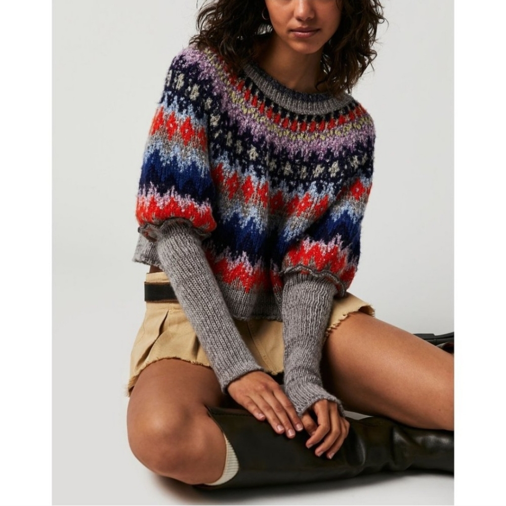 NWT FREE PEOPLE Home For The Holidays Sweater / Heather Grey Combo